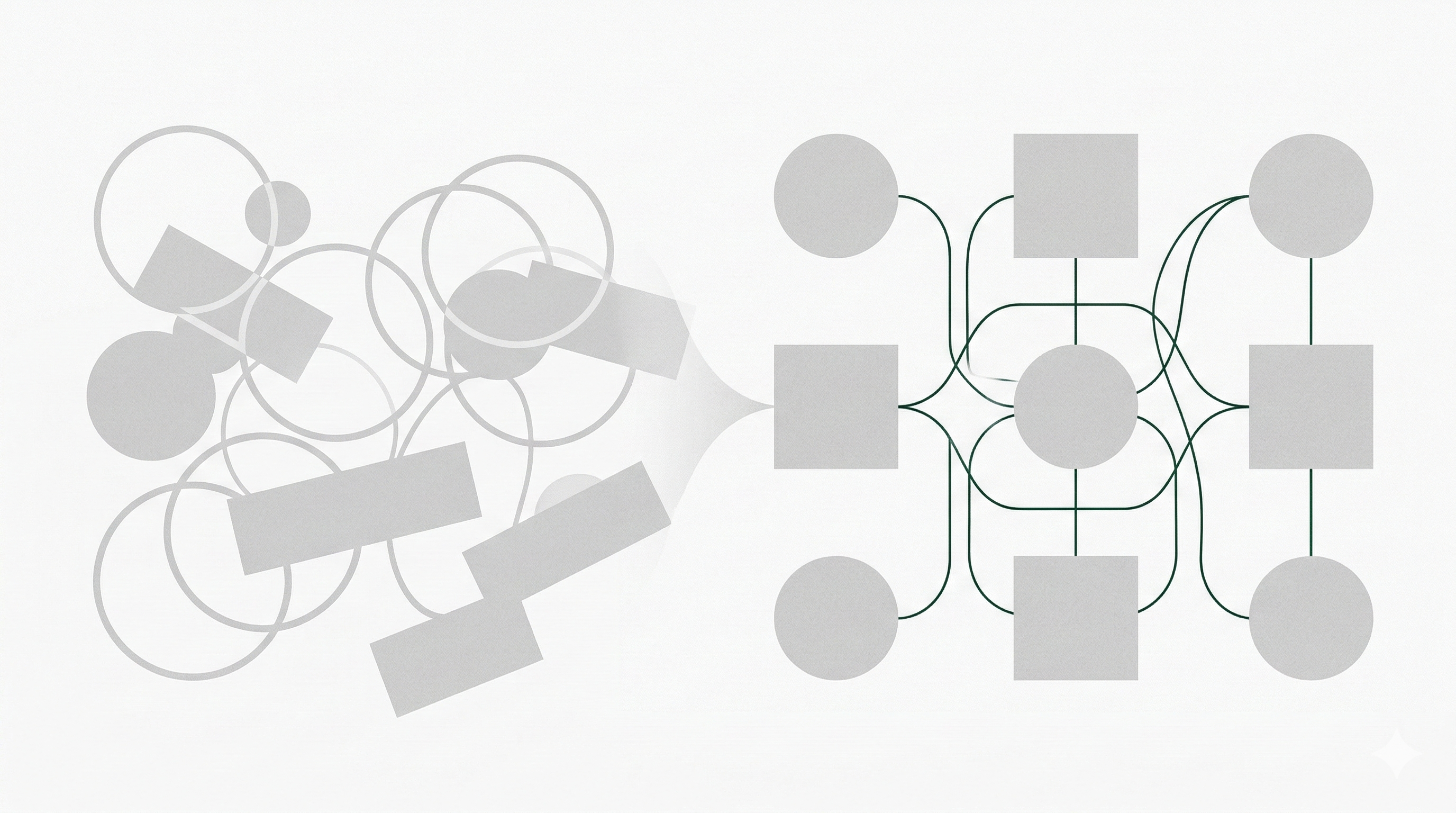 Illustration of chaotic systems organizing into a structured network — representing pragmatic system integration